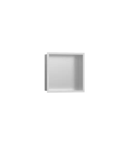 Wandnische in mattem Weiß, rechteckige Form, montiert an einer wand. Hansgrohe-Design mit glatter Oberfläche. Ideal für die Integration in Badezimmer oder Wohnräume.